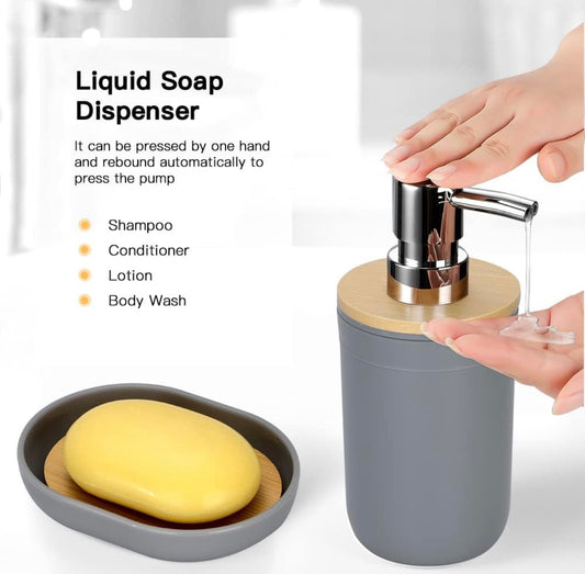 Stylish Grey Soap Dispenser with Bamboo Lid – Modern Bathroom & Kitchen